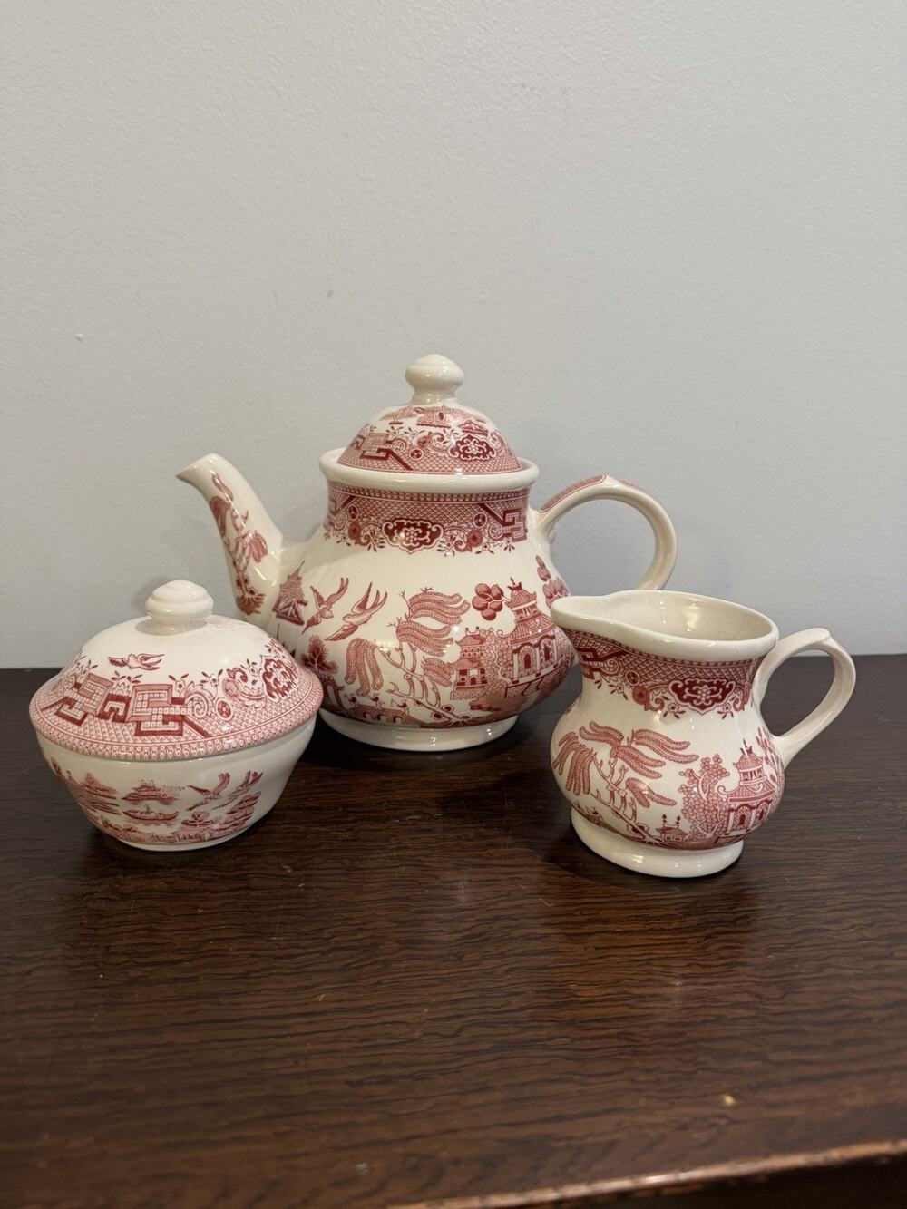 Churchill England Red Willow 3-Piece Tea Set Teapot Sugar Bowl Creamer